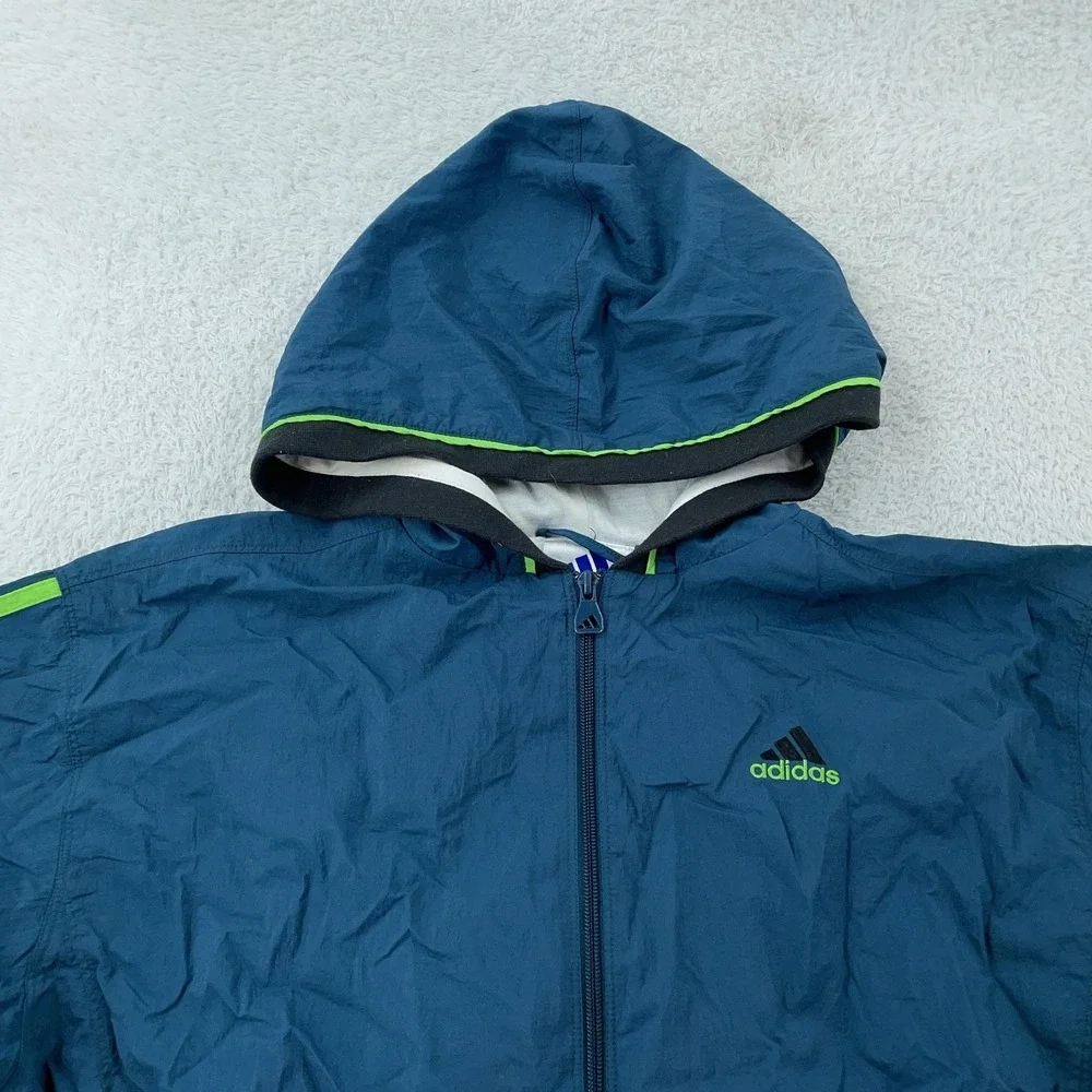 Vtg Adidas Hooded Windbreaker Jacket Mens L CROP FIT Blue Green Zip Three Stripe